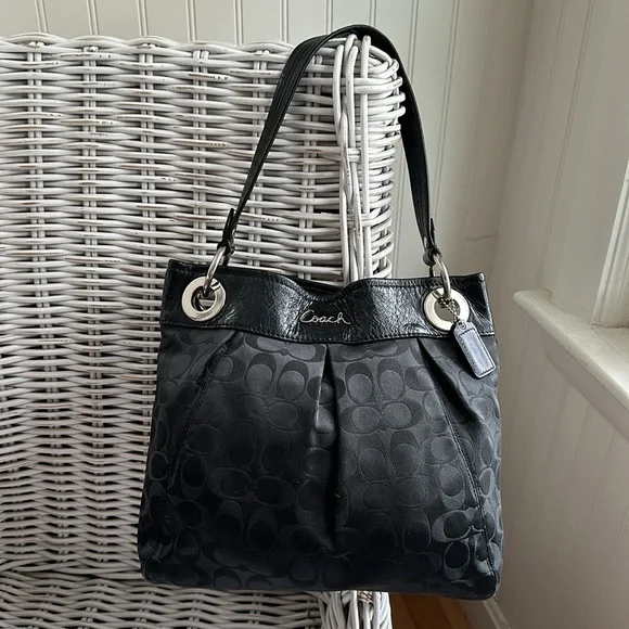 COACH Black Signature C Sateen Shoulder Bag with Creased Leather Trim - Picture 2 of 16
